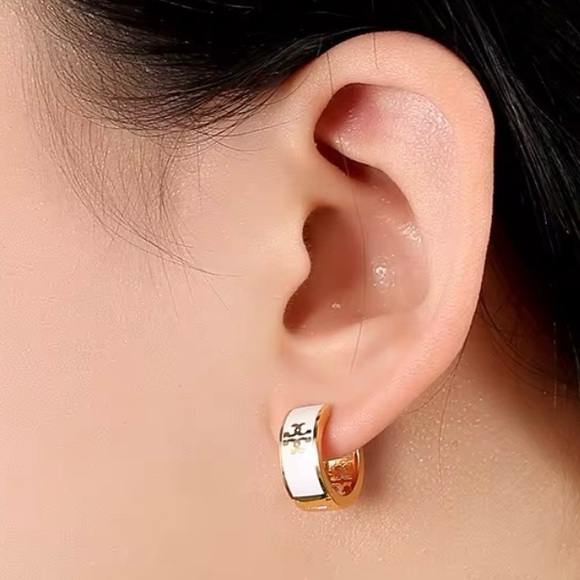 TORY BURCH GOLD & WHITE LOGO HUGGIE HOOP EARRINGS - Picture 5 of 5